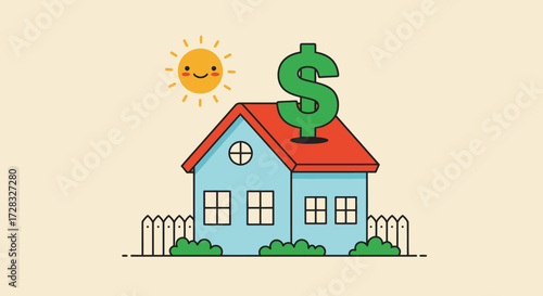 Happy sun shines on a house with a dollar sign roof. Suitable for financial concepts, real estate, investment, homeownership, wealth, and savings.