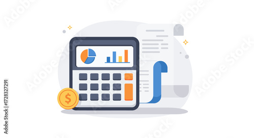 Calculator and coin with financial paperwork concept of budgeting, accounting, savings, taxes suitable for financerelated articles, blogs, presentations.