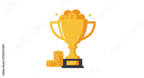 Golden trophy overflowing with gold coins, symbolizing success and wealth. Suitable for awards, business, finance, and success concepts.