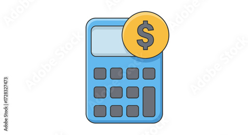 Light blue calculator with a dollar sign coin. Any financial concept design and money management visual materials. Budgeting and financial planning themes.