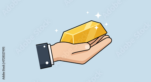 Ideal for financial concepts, investment themes, and wealth management. A hand displaying a shiny gold bar, symbolizing prosperity and success.