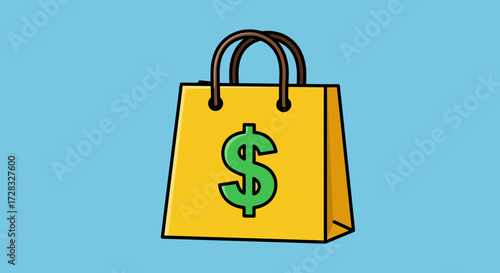 Yellow shopping bag with green dollar sign on blue background. Perfect for finance, shopping, retail, and businessrelated designs and concepts.