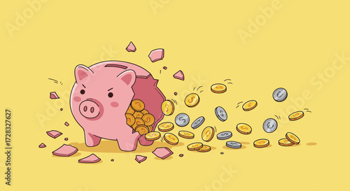 Broken piggy bank spills coins on yellow backdrop, symbolizing savings concept. Ideal for finance, investment, budgeting, savingsthemed content creation.