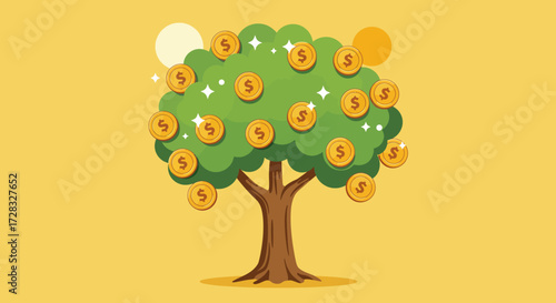 Money tree with dollar sign coins for leaves, symbolizing wealth and prosperity. Perfect for finance, investment, and wealth management concepts.