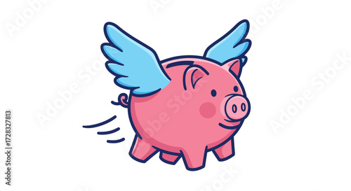 Flying pink piggy bank with wings. Suitable for finance, savings, investment concepts, and childrens financial education materials.
