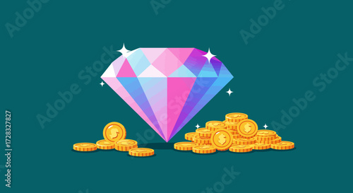 Shiny diamond, golden coins on teal for financial concepts, luxury themes, investment promotions, jewelry brand advertising, or wealth management visuals.
