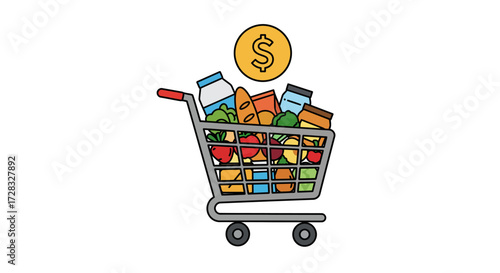 Grocery shopping cart filled with various food items suitable for food blogs, supermarket promotions, healthy eating advertisements, meal planning graphics.
