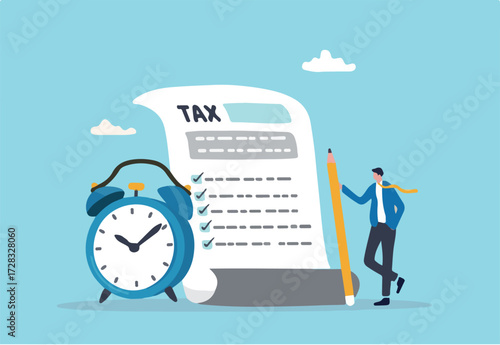 Tax time reminder, income tax planning, government payment date or financial refund, schedule or revenue calculation concept, businessman holding pencil with tax paper document and alarm clock.