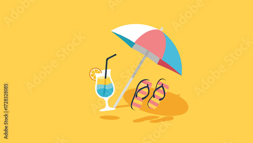 Minimalist Vector Illustration of Summer Beach Essentials: Sun Umbrella, Tropical Cocktail, and Striped Flip-flops on Golden Sand