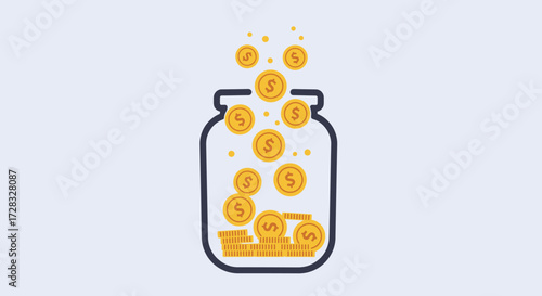 Jar being filled with gold coins and dollar symbols. Suitable for financial concepts, saving money, investments, and wealth accumulation designs.
