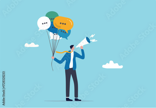 Communication or PR, Public Relations manager to communicate company information and media, announce sales or promotion concept, businessman holding speech bubble balloons while talking on megaphone