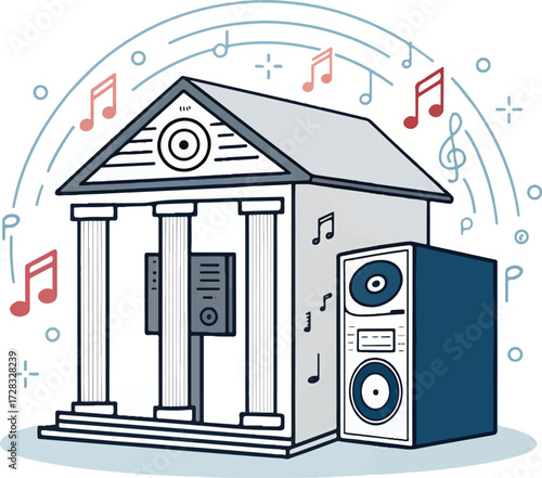 Music Museum with Speakers and Notes Vector Illustration