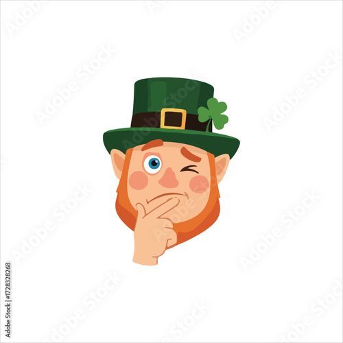 Cartoon leprechaun head with a green hat and clover, winking and thoughtfully touching his chin.