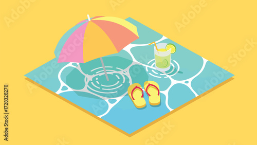 Vibrant Isometric Vector Summer Pool Scene: Colorful Umbrella, Flip-flops, and Refreshing Lemonade Drink