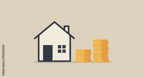 House icon and golden coins stack symbolize real estate investment or savings, perfect for financerelated design projects and presentations.