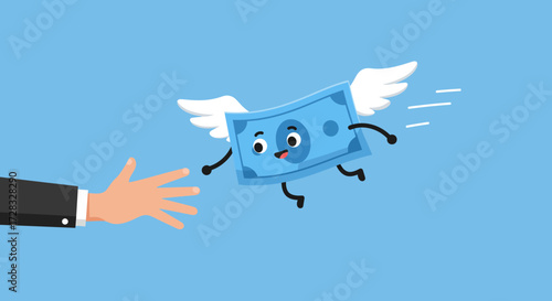 Hand reaching for flying cartoon dollar bill on blue background. Suitable for finance concepts. Banking, money, wealth, investment, savings themes.