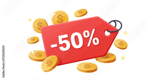 Red sale tag with 50 discount, suitable for promotions, marketing materials, retail websites, and advertising campaigns for discounted products.