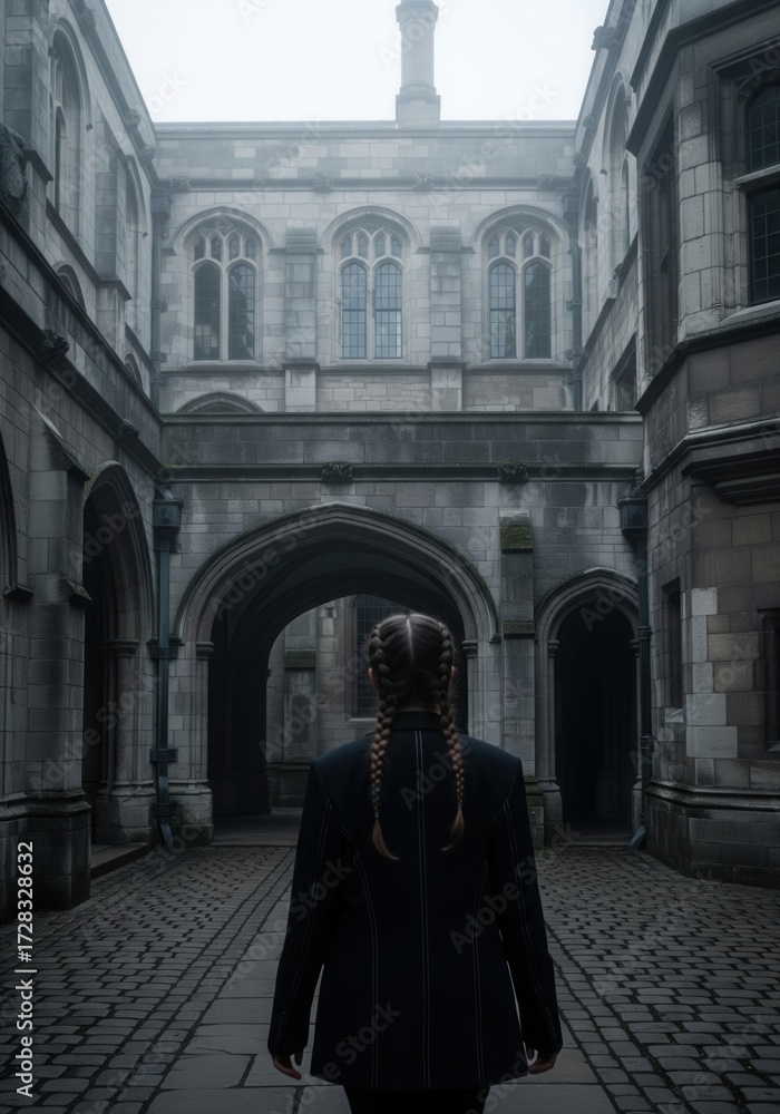Naklejka premium Woman With Braided Hair In Black Coat Stands In Gothic Courtyard Architecture