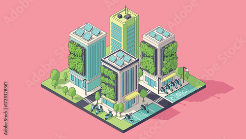 Sustainable Green City Isometric Vector Illustration with Solar Panels, Vertical Gardens, and Eco-Friendly Scooters