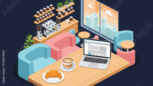 Cozy Coffee Shop Remote Work Vector Illustration with Laptop, Latte, Croissant in Isometric Flat Design