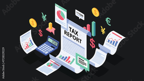 Isometric Vector Illustration of Global Tax Report and Financial Data Analysis with Calculator and Currency Symbols