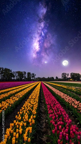 Vibrant tulip fields stretch towards a night sky filled with the Milky Way and a bright moon