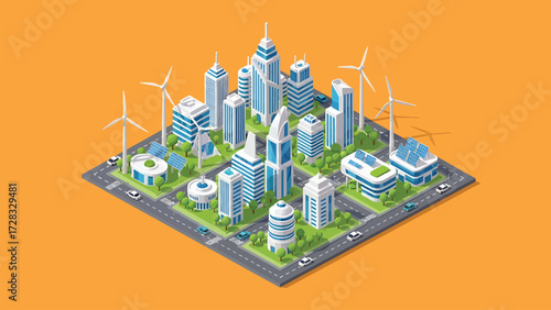 Sustainable Smart City Isometric Vector Illustration with Green Energy Solutions and Modern Urban Infrastructure