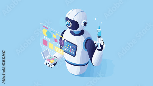 Medical AI Robot Assistant with Syringe and Pills, Holographic Data Screen. Isometric Vector Illustration.
