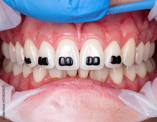Close-up of a mouth with small, black orthodontic brackets on the four central incisors, surrounded by healthy-looking teeth and gums, partially obscured by retractors