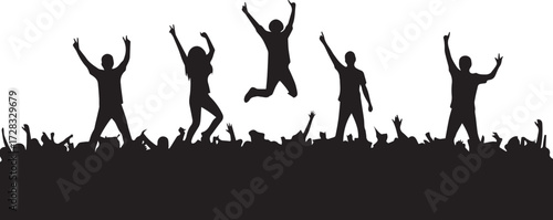 Silhouetted group of people jumping and celebrating with arms raised high in the air, vector illustration