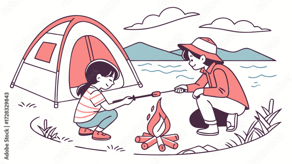 Obraz premium Two children are roasting marshmallows over a campfire next to a tent by a lake.
