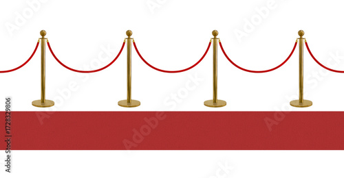 Quadro su tela Side view Gold stanchions tied with red velvet ropes and red carpets isolated