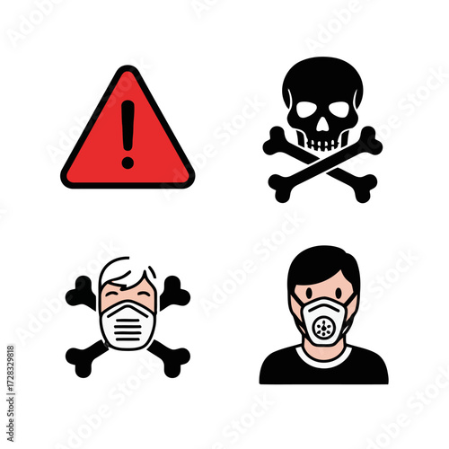 Set warning symbols including red triangle with an exclamation mark, skull and crossbones, masked skull, and person wearing mask