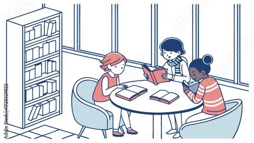 Illustration of three people reading books at a table in a library.