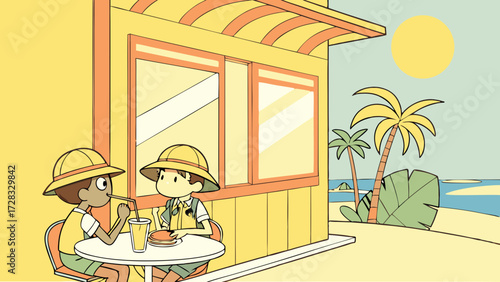 Two children in safari hats share a drink at a beachside cafe under a bright sun, with palm trees and ocean view.