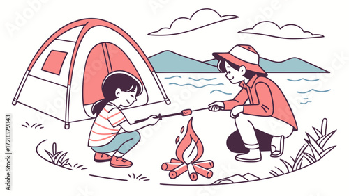 Two children are roasting marshmallows over a campfire next to a tent by a lake.