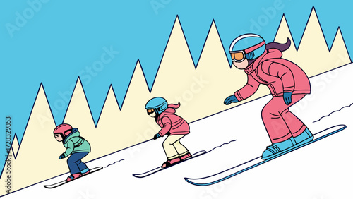 A family of three, an adult and two children, skiing down a snowy mountain slope with stylized peaks in the background.