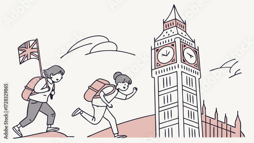Two tourists exploring London, one carrying a flag, running towards Big Ben.