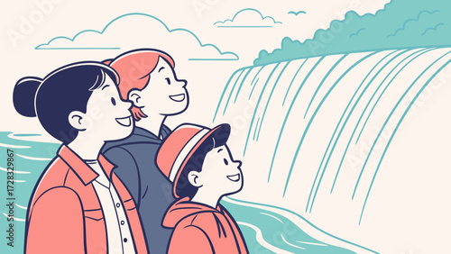 Three people, possibly a family, are looking at a large waterfall with trees and clouds in the background, depicted in a simple, stylized illustration.