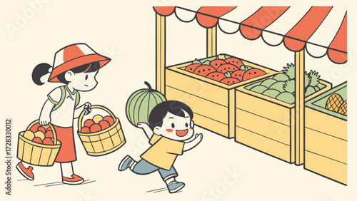 Illustration of children at a fruit stand, one carrying a watermelon and the other carrying baskets of fruit.