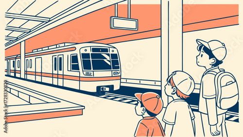 Three young boys wearing baseball caps and backpacks eagerly await a train at a station platform.