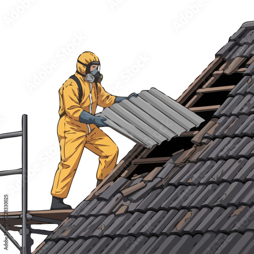 Worker in protective suit and mask removing asbestos roof tile from building