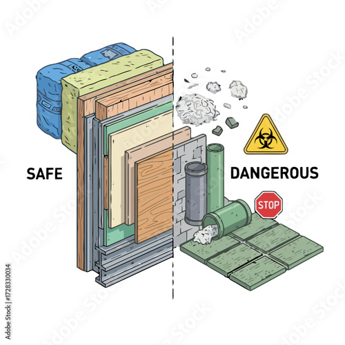 Comparing safe and dangerous building materials, including asbestos