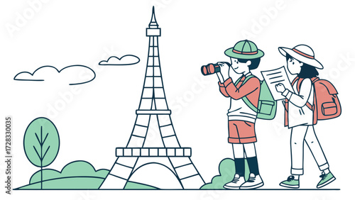 Two young tourists with backpacks exploring the Eiffel Tower in Paris, one using binoculars and the other a map, in a line art illustration.
