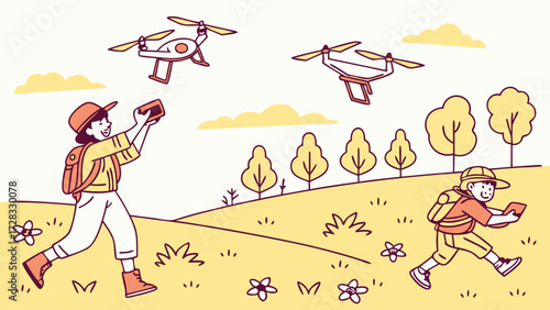 Illustration of a woman and a child having fun flying drones with remote controls in a sunny park.
