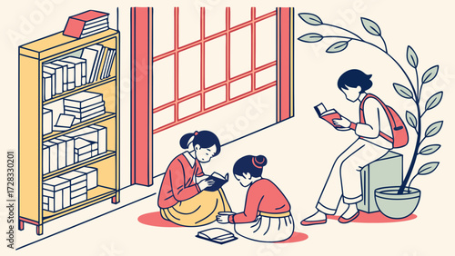 Three people quietly reading books indoors, with two sitting on the floor and one on a stool, surrounded by a bookshelf and a potted plant in a cozy setting.