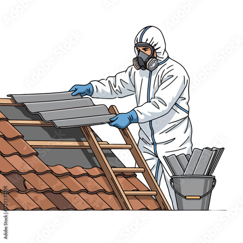 Worker in protective suit removing asbestos roof tiles from house with ladder and bucket