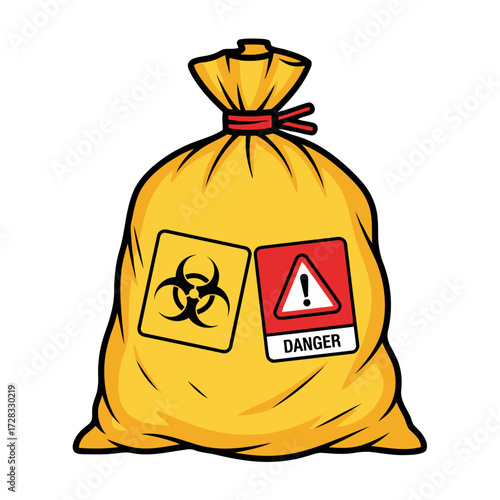 Yellow hazard waste bag with biohazard and danger signs, symbolizing hazardous material disposal and environmental safety concerns