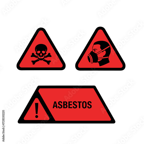 Set three asbestos warning signs skull and crossbones, person wearing respirator mask, and triangular alert with text