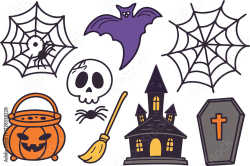 A vector set of spooky Halloween icons featuring a cartoon pumpkin, witch, bat, ghost, and scary castle silhouette for the autumn holiday